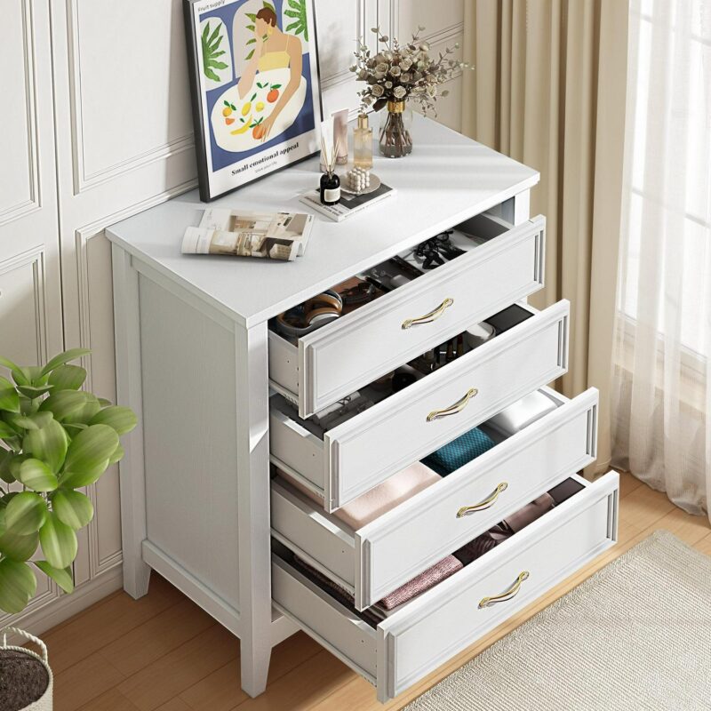 PORKISS 4 Drawer Dresser, Wood Chest of Drawers for Bedroom with Sturdy Frame, Modern Storage Cabinet with Metal Handle for Adults, Entryway, Hallway, White - Image 12