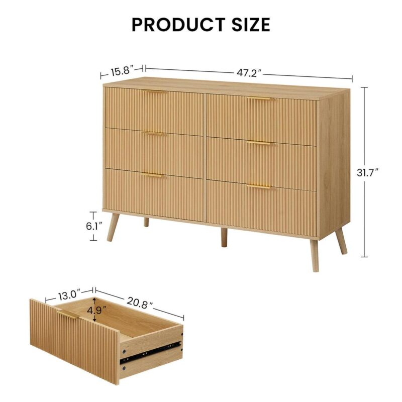 PORKISS 6-Drawer Dresser, Wooden Chest of Drawers for Bedroom, Living Room,Hallway, Natural - Image 7