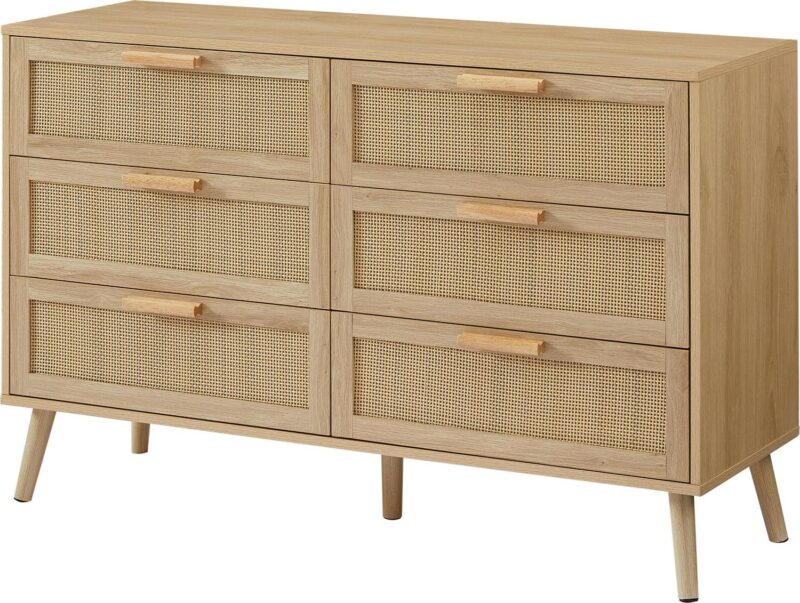 PORKISS 6 Drawer Dresser, Wood Dresser Organizer with 6 Rattan Drawers, Modern Chest of Drawers for Hallways, Living Room, Bedroom, Natural - Image 3