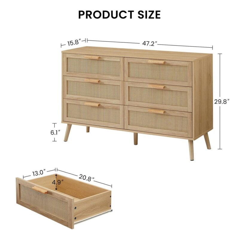 PORKISS 6 Drawer Dresser, Wood Dresser Organizer with 6 Rattan Drawers, Modern Chest of Drawers for Hallways, Living Room, Bedroom, Natural - Image 4