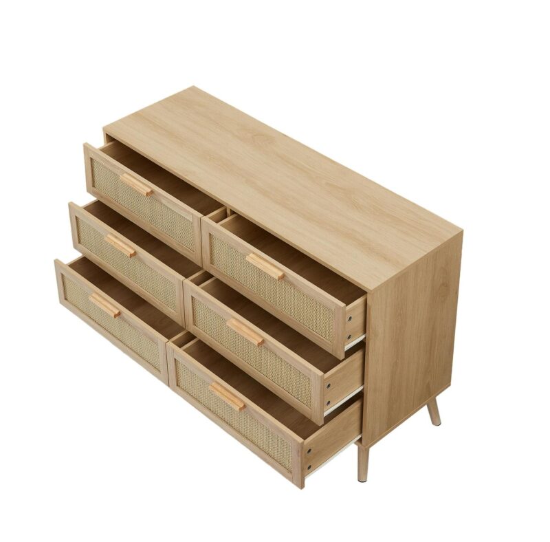 PORKISS 6 Drawer Dresser, Wood Dresser Organizer with 6 Rattan Drawers, Modern Chest of Drawers for Hallways, Living Room, Bedroom, Natural - Image 8