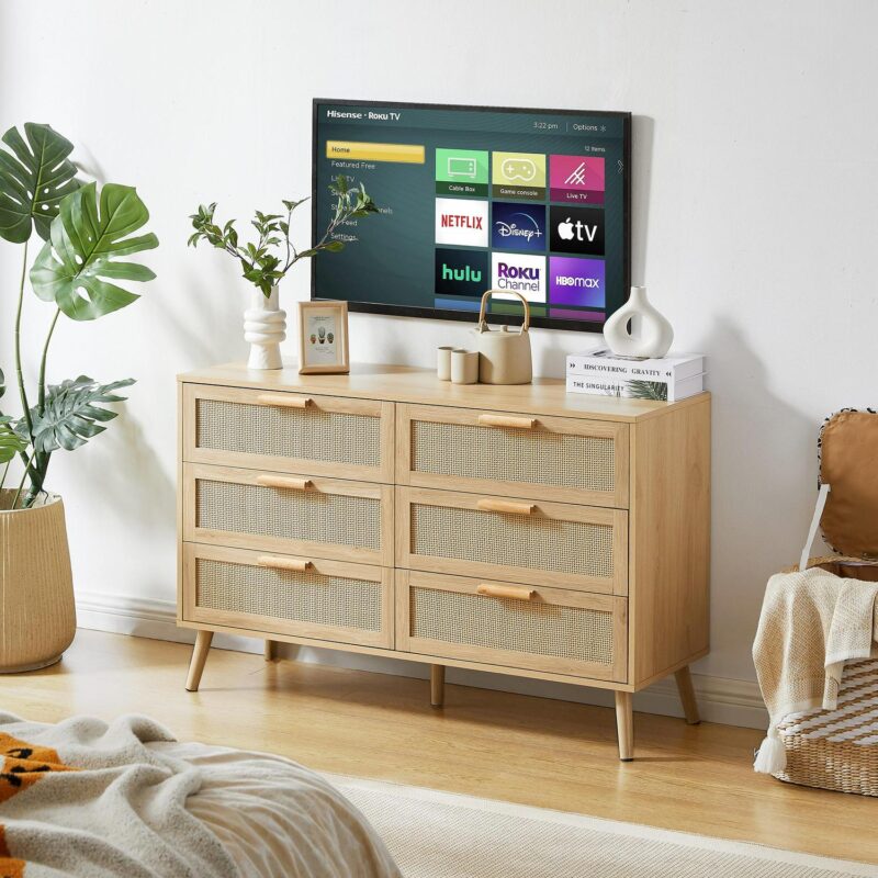 PORKISS 6 Drawer Dresser, Wood Dresser Organizer with 6 Rattan Drawers, Modern Chest of Drawers for Hallways, Living Room, Bedroom, Natural - Image 10
