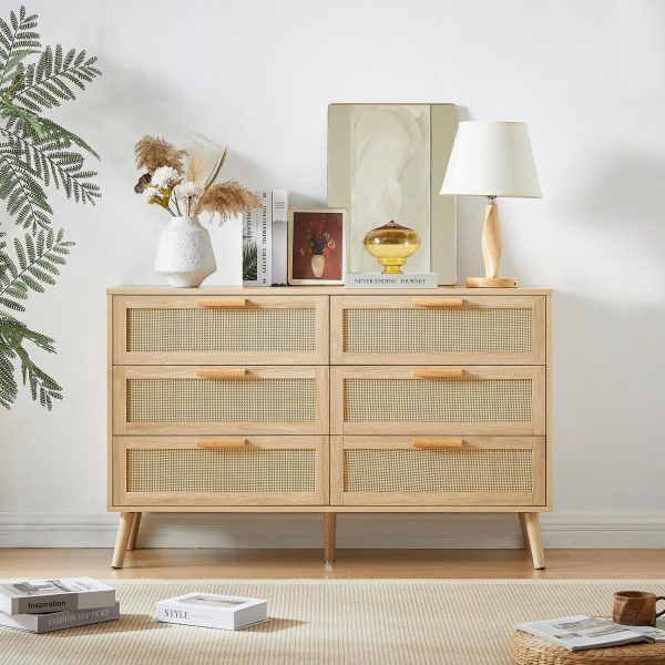 PORKISS 6 Drawer Dresser, Wood Dresser Organizer with 6 Rattan Drawers, Modern Chest of Drawers for Hallways, Living Room, Bedroom, Natural