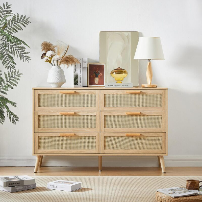 PORKISS 6 Drawer Dresser, Wood Dresser Organizer with 6 Rattan Drawers, Modern Chest of Drawers for Hallways, Living Room, Bedroom, Natural