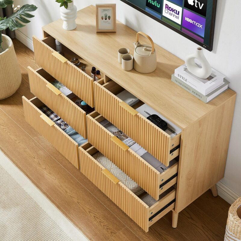 PORKISS 6-Drawer Dresser, Wooden Chest of Drawers for Bedroom, Living Room,Hallway, Natural - Image 9