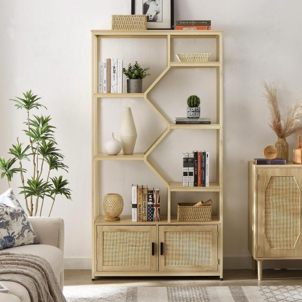 PORKISS 7-Tier Rattan Bookshelf, Wood Tall Bookshelf with Doors and Shelves, Freestanding Bookcase with Storage for Living Room, Home Office, Natural