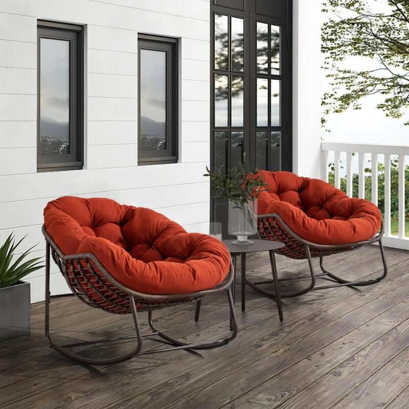PORKISS Papasan Rocking Chair Indoor and Outdoor, Patio Rocker Recliner Chair with Padded Cushion, Modern Lounge Egg Chair with Steel, Rattan Frame, Orange - Image 10