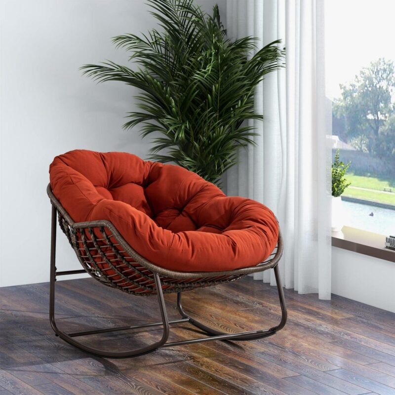 PORKISS Papasan Rocking Chair Indoor and Outdoor, Patio Rocker Recliner Chair with Padded Cushion, Modern Lounge Egg Chair with Steel, Rattan Frame, Orange - Image 12