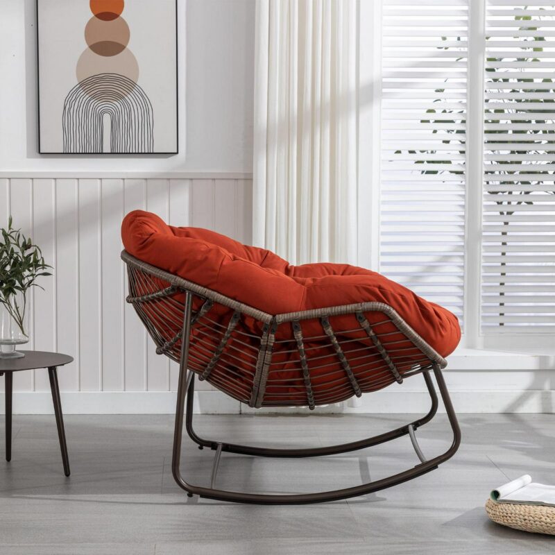 PORKISS Papasan Rocking Chair Indoor and Outdoor, Patio Rocker Recliner Chair with Padded Cushion, Modern Lounge Egg Chair with Steel, Rattan Frame, Orange - Image 6