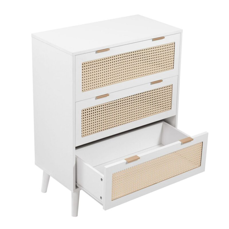 PORKISS Wooden 3 Drawer Dresser, Farmhouse Drawer Organizer with Hidden Handle, Rattan Chest of Drawers, Dressers for Bedroom, Living Room, Entryway Furniture, White - Image 8
