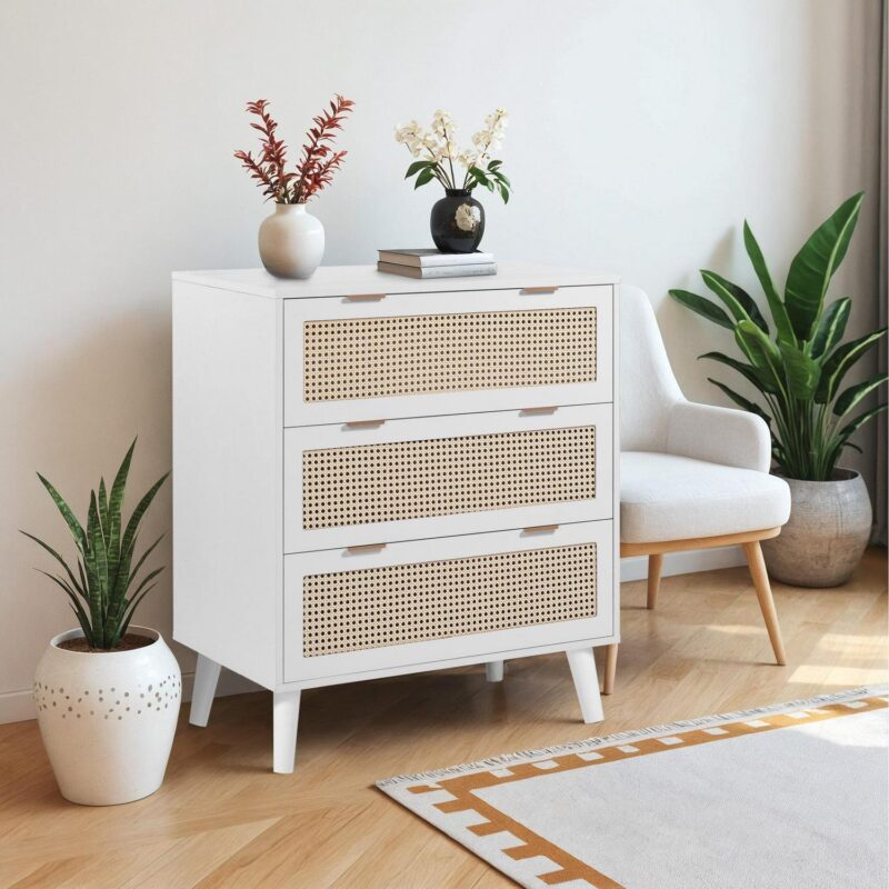PORKISS Wooden 3 Drawer Dresser, Farmhouse Drawer Organizer with Hidden Handle, Rattan Chest of Drawers, Dressers for Bedroom, Living Room, Entryway Furniture, White - Image 3