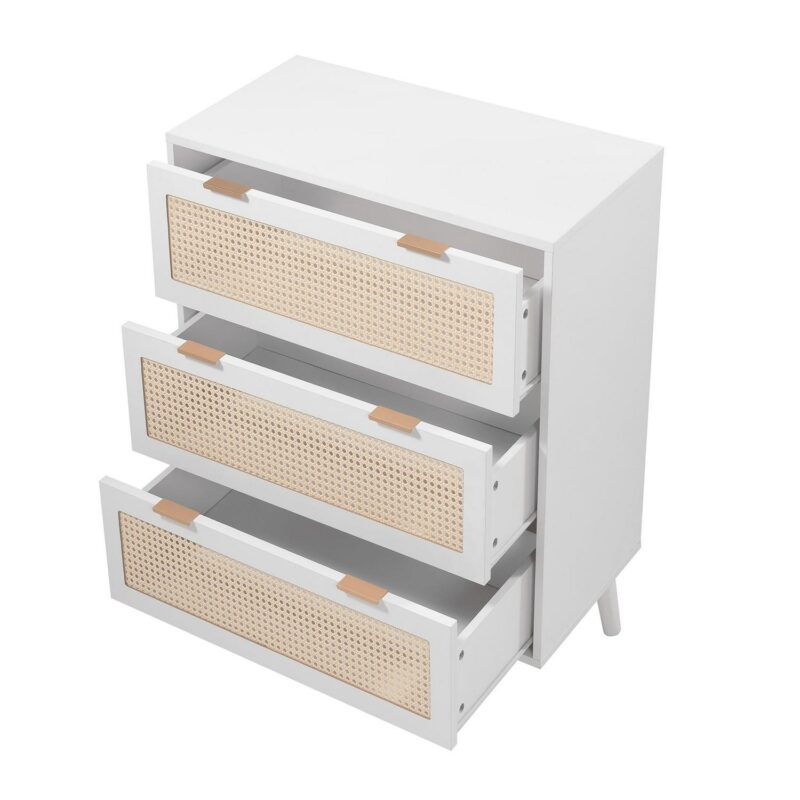 PORKISS Wooden 3 Drawer Dresser, Farmhouse Drawer Organizer with Hidden Handle, Rattan Chest of Drawers, Dressers for Bedroom, Living Room, Entryway Furniture, White - Image 7