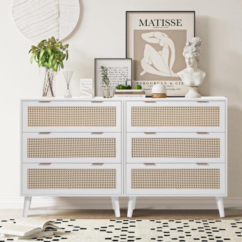 PORKISS Wooden 3 Drawer Dresser, Farmhouse Drawer Organizer with Hidden Handle, Rattan Chest of Drawers, Dressers for Bedroom, Living Room, Entryway Furniture, White - Image 2