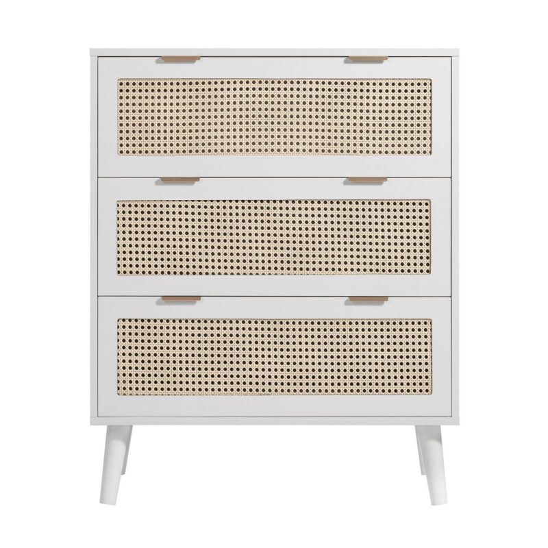 PORKISS Wooden 3 Drawer Dresser, Farmhouse Drawer Organizer with Hidden Handle, Rattan Chest of Drawers, Dressers for Bedroom, Living Room, Entryway Furniture, White - Image 12
