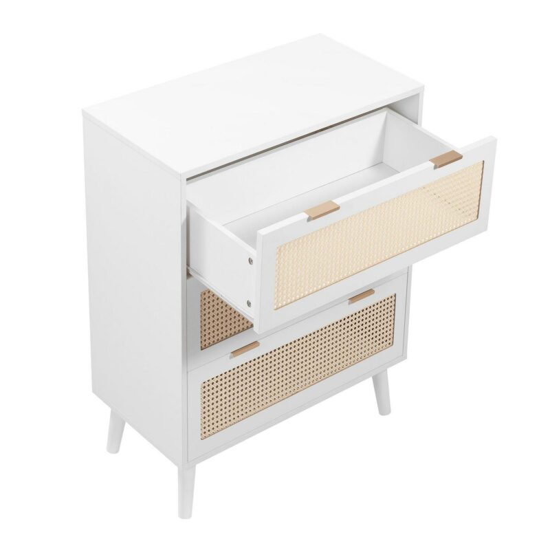 PORKISS Wooden 3 Drawer Dresser, Farmhouse Drawer Organizer with Hidden Handle, Rattan Chest of Drawers, Dressers for Bedroom, Living Room, Entryway Furniture, White - Image 9