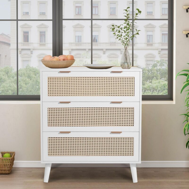 PORKISS Wooden 3 Drawer Dresser, Farmhouse Drawer Organizer with Hidden Handle, Rattan Chest of Drawers, Dressers for Bedroom, Living Room, Entryway Furniture, White - Image 4