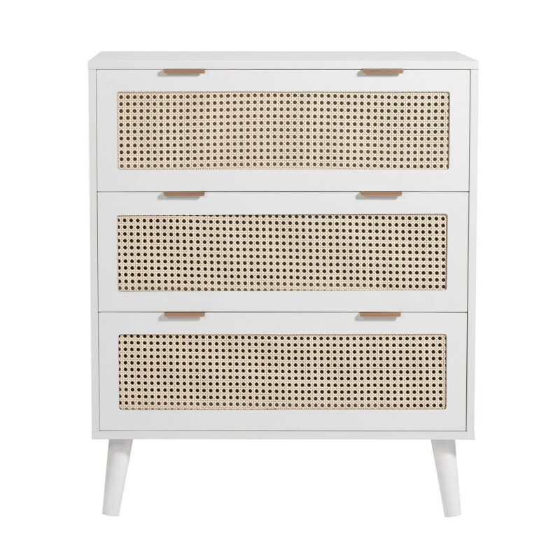 PORKISS Wooden 3 Drawer Dresser, Farmhouse Drawer Organizer with Hidden Handle, Rattan Chest of Drawers, Dressers for Bedroom, Living Room, Entryway Furniture, White - Image 6