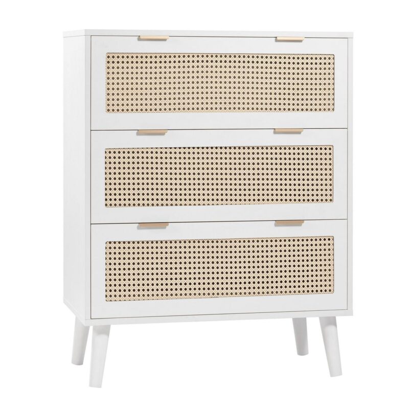 PORKISS Wooden 3 Drawer Dresser, Farmhouse Drawer Organizer with Hidden Handle, Rattan Chest of Drawers, Dressers for Bedroom, Living Room, Entryway Furniture, White - Image 11