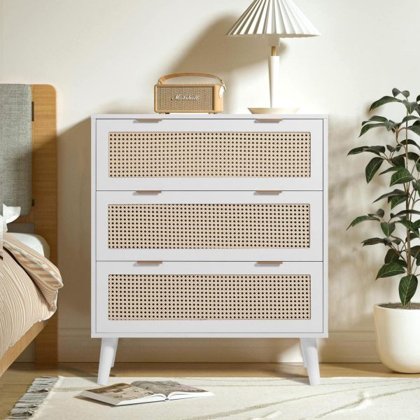 PORKISS Wooden 3 Drawer Dresser, Farmhouse Drawer Organizer with Hidden Handle, Rattan Chest of Drawers, Dressers for Bedroom, Living Room, Entryway Furniture, White