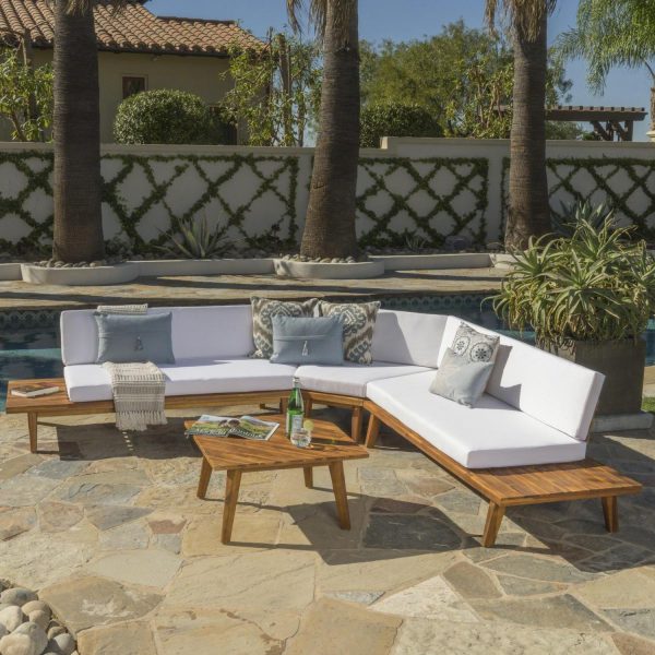Park Outdoor V Shaped 4 Piece Acacia Wood Sectional Sofa Set with Cushions, Sandblast Finished, White