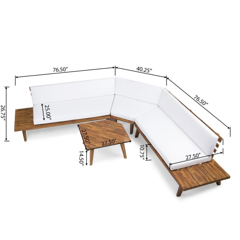 Park Outdoor V Shaped 4 Piece Acacia Wood Sectional Sofa Set with Cushions, Sandblast Finished, White - Image 14