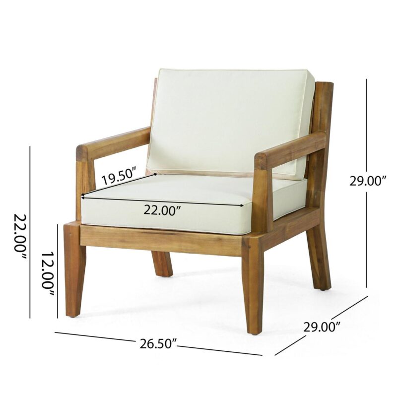 Pates Acacia Wood Outdoor Club Chair with Cushions, Teak and Beige - Image 3