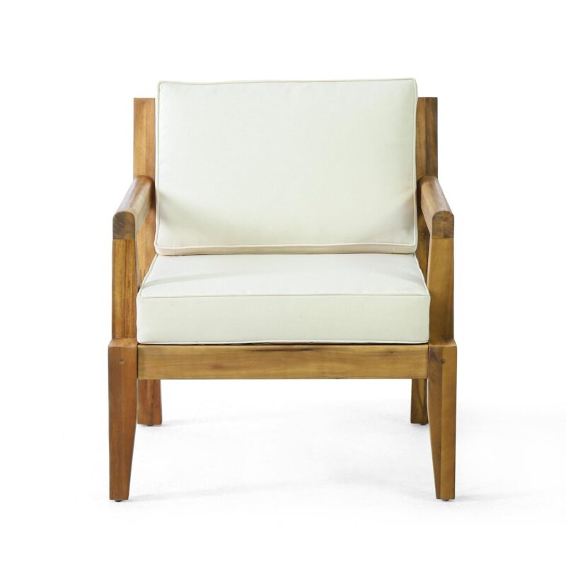 Pates Acacia Wood Outdoor Club Chair with Cushions, Teak and Beige - Image 8