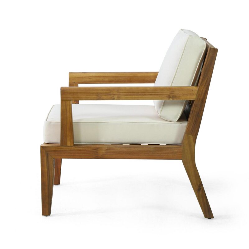Pates Acacia Wood Outdoor Club Chair with Cushions, Teak and Beige - Image 7