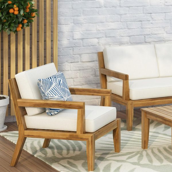 Pates Acacia Wood Outdoor Club Chair with Cushions, Teak and Beige