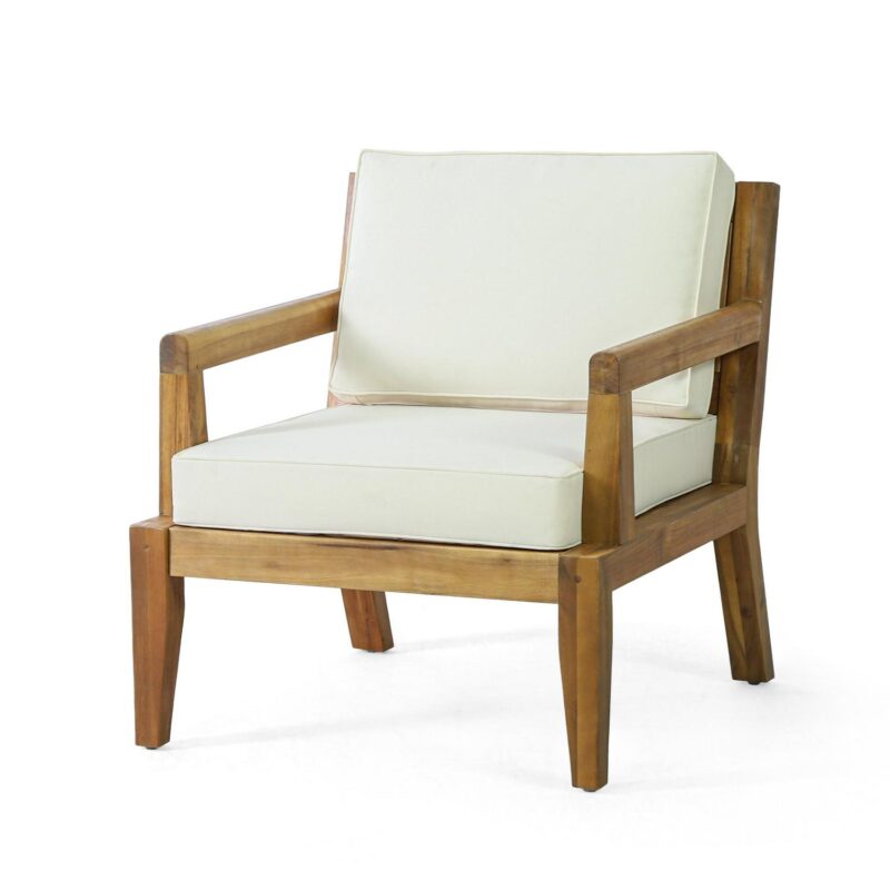 Pates Acacia Wood Outdoor Club Chair with Cushions, Teak and Beige - Image 2