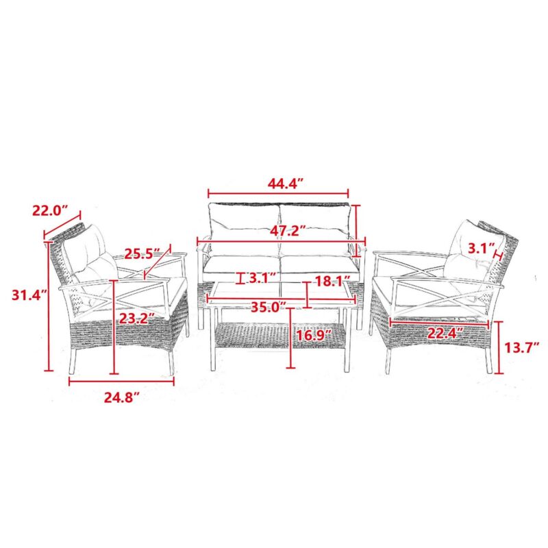 Patio Furniture Set,4 Piece Patio Conversation Set,Outdoor Wicker Sectional Furniture with Sofa and Coffee Table for Porch, Deck,Gray - Image 3