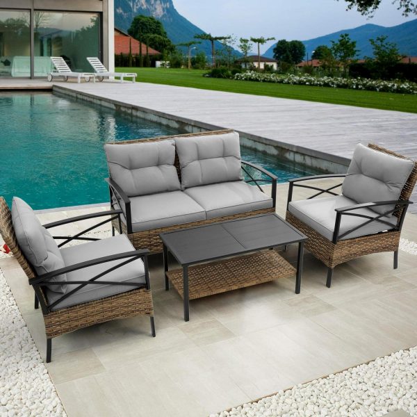 Patio Furniture Set,4 Piece Patio Conversation Set,Outdoor Wicker Sectional Furniture with Sofa and Coffee Table for Porch, Deck,Gray