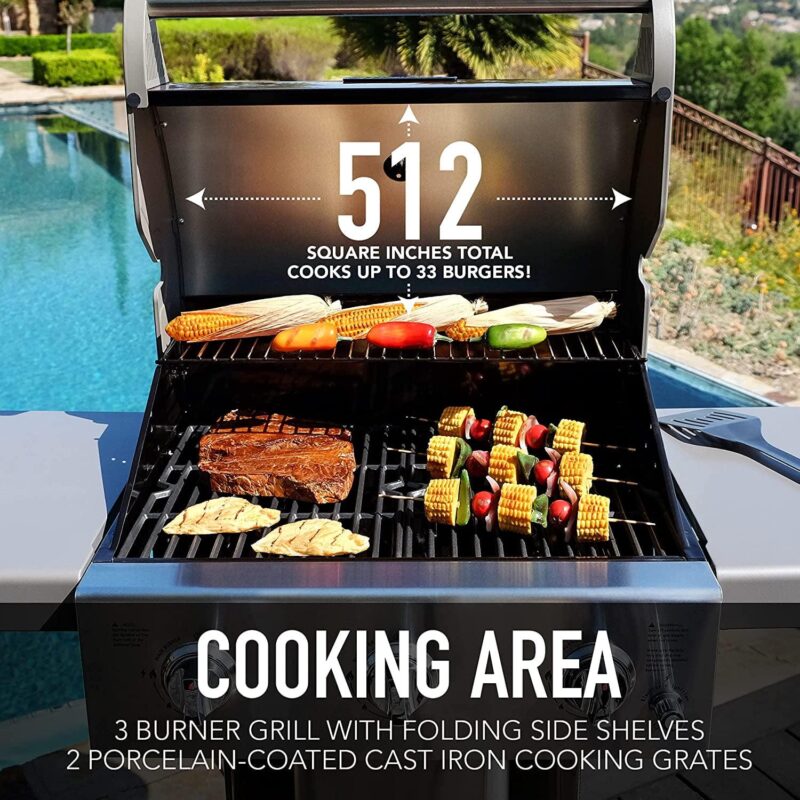 Permasteel 3-Burner Gas Grill, Compact Propane Grill, Outdoor BBQ, Foldable Side Tables, Mocha Brown - Image 2
