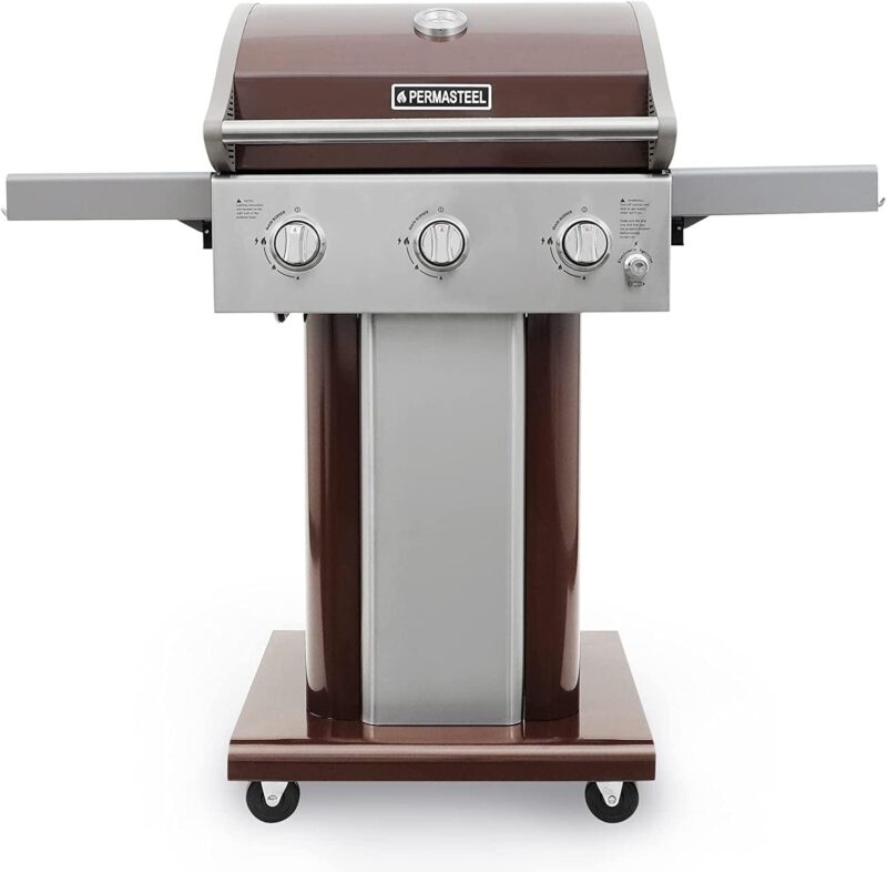 Permasteel 3-Burner Gas Grill, Compact Propane Grill, Outdoor BBQ, Foldable Side Tables, Mocha Brown