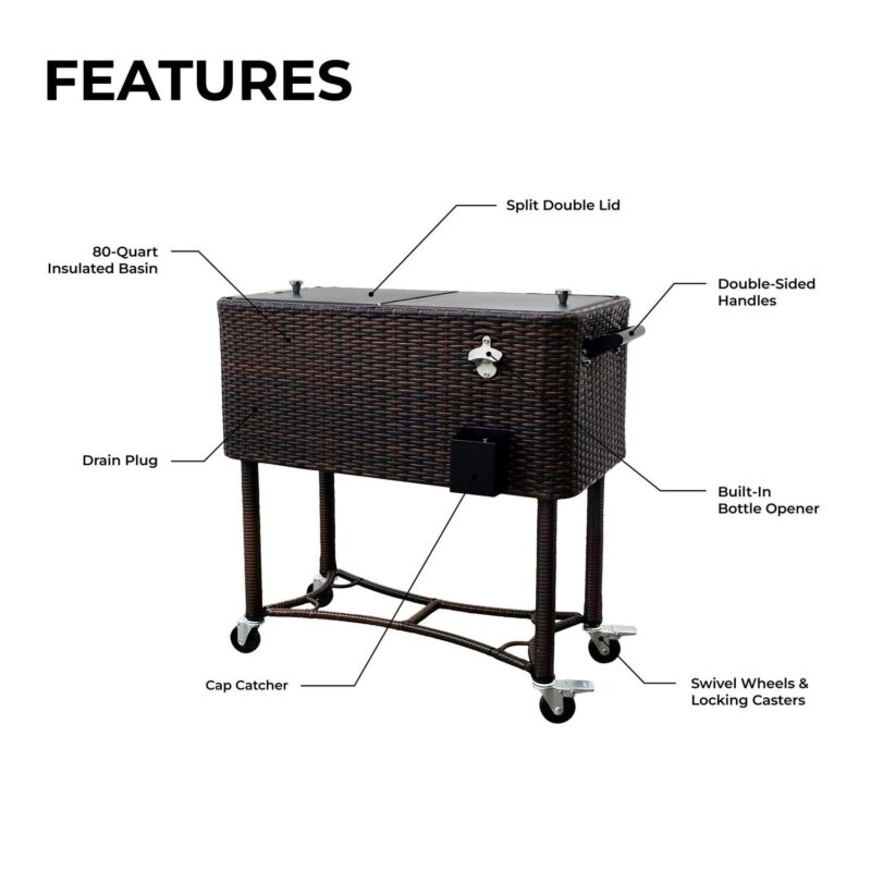 Permasteel 80-QT Wicker Outdoor Patio Cooler, Hand-Woven Wicker Cooler Cart, Rolling Cooler on Wheels with Handle, Brown - Image 7