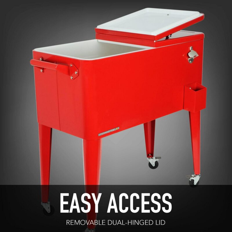 Permasteel 80-Qt Classic Outdoor Steel Patio Cooler on Wheels, Beverage Rolling Cart, Red - Image 5