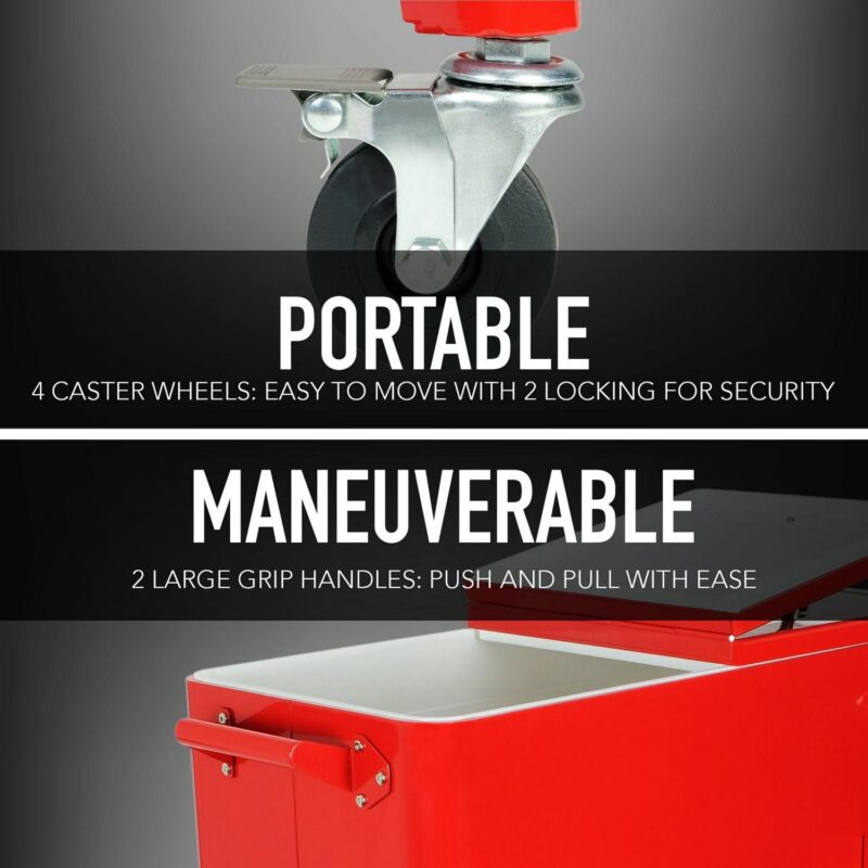 Permasteel 80-Qt Classic Outdoor Steel Patio Cooler on Wheels, Beverage Rolling Cart, Red - Image 7