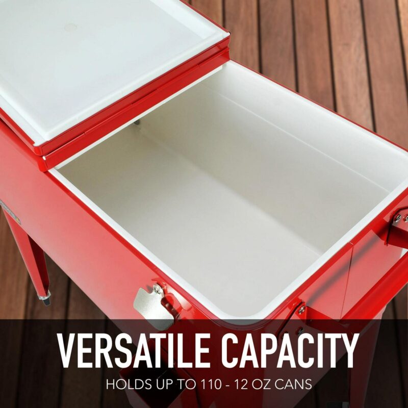 Permasteel 80-Qt Classic Outdoor Steel Patio Cooler on Wheels, Beverage Rolling Cart, Red - Image 4