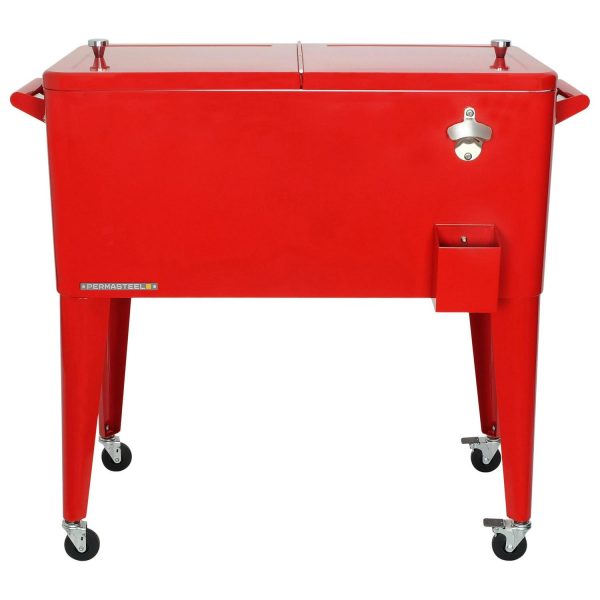 Permasteel 80-Qt Classic Outdoor Steel Patio Cooler on Wheels, Beverage Rolling Cart, Red