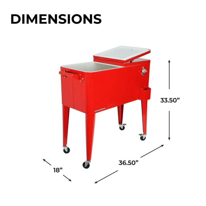 Permasteel 80-Qt Classic Outdoor Steel Patio Cooler on Wheels, Beverage Rolling Cart, Red - Image 3