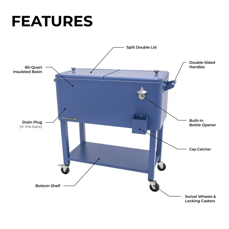Permasteel 80-Qt Rolling Outdoor Cooler with Removable Basin, PS-223-AZ, Azure Blue - Image 7