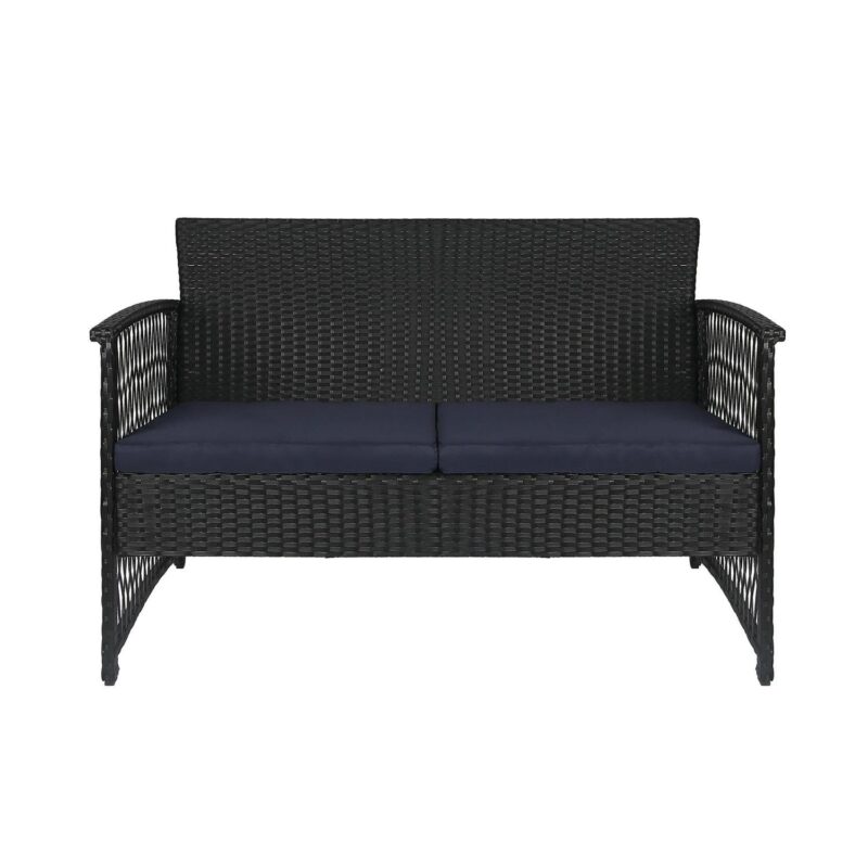 Polytrends Madison Outdoor 4-Piece Rattan Patio Furniture Chat Set Black/Navy - Image 3