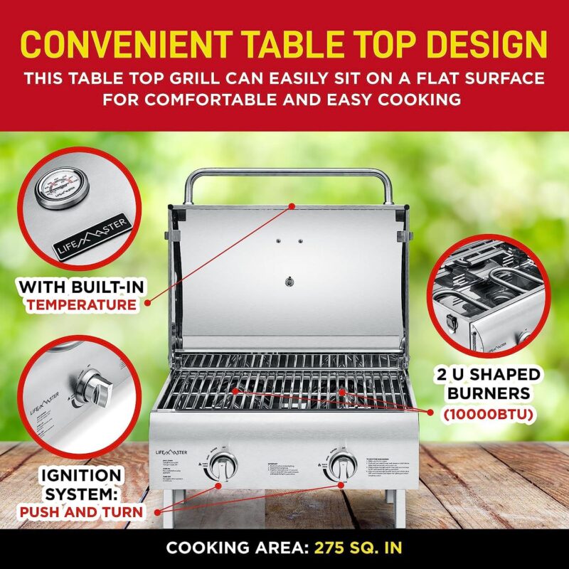 Portable Stainless Steel Gas Grill - 2 Burners Easy Clean Tabletop BBQ Propane Gas Grill with Foldable Legs and Wind Proof Lid for Camping and Outdoor - Silver - Image 3