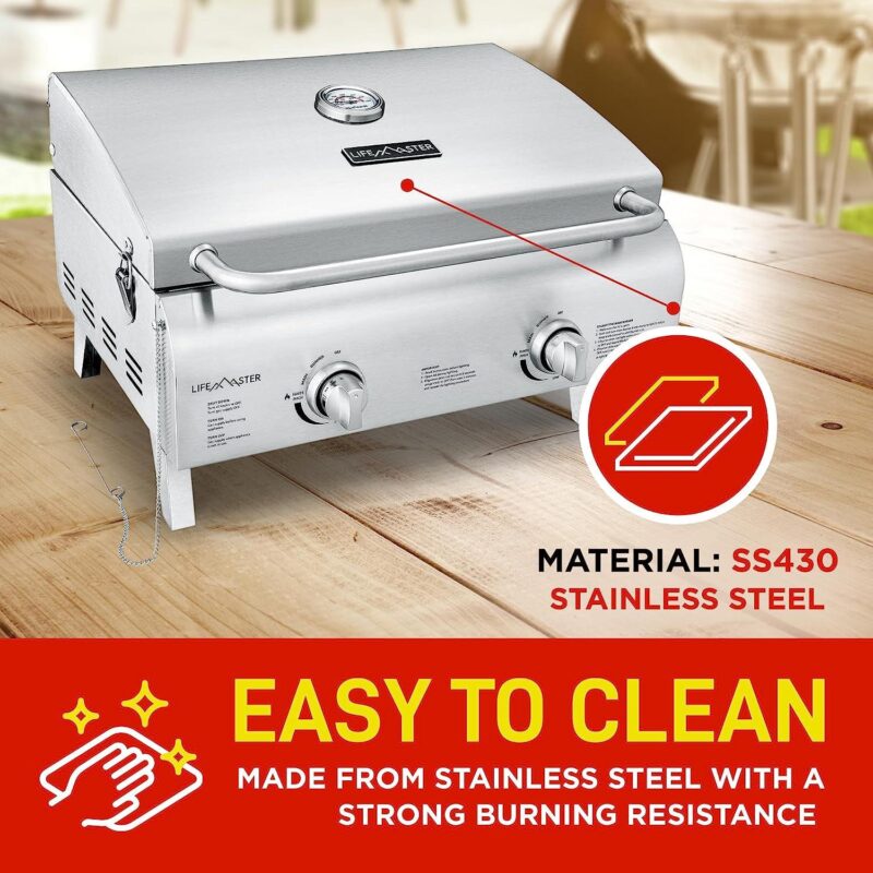 Portable Stainless Steel Gas Grill - 2 Burners Easy Clean Tabletop BBQ Propane Gas Grill with Foldable Legs and Wind Proof Lid for Camping and Outdoor - Silver - Image 4