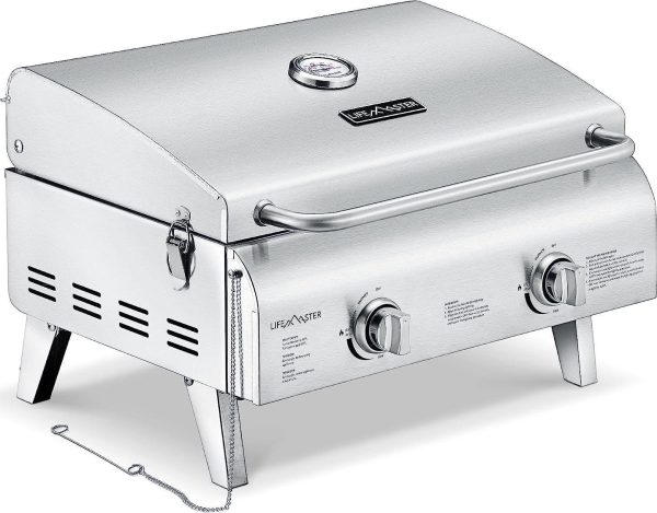Portable Stainless Steel Gas Grill - 2 Burners Easy Clean Tabletop BBQ Propane Gas Grill with Foldable Legs and Wind Proof Lid for Camping and Outdoor - Silver