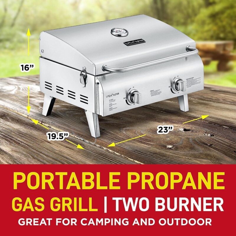 Portable Stainless Steel Gas Grill - 2 Burners Easy Clean Tabletop BBQ Propane Gas Grill with Foldable Legs and Wind Proof Lid for Camping and Outdoor - Silver - Image 2
