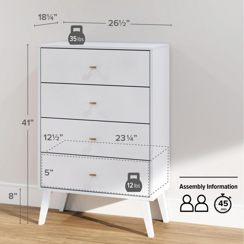 Prepac Milo Mid Century Modern 4-Drawer Vertical Chest, White - Image 2