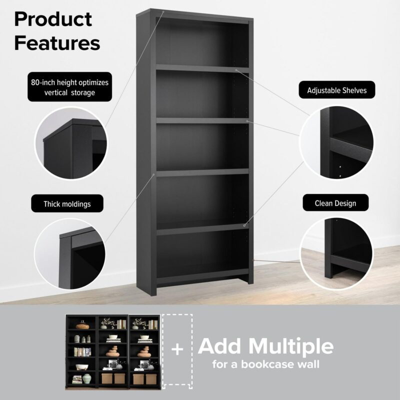 Prepac Moda Bookcase, Black Storage Cabinet, Display Cabinet 31.75  W x 80  H x 12  D, BSBR-0510-1 - Image 5