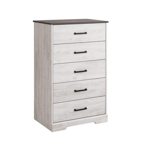 Prepac Rustic Ridge Farmhouse Washed White 5-Drawer Chest of Drawers 18.5 D x 27.5 W x 43.5 H