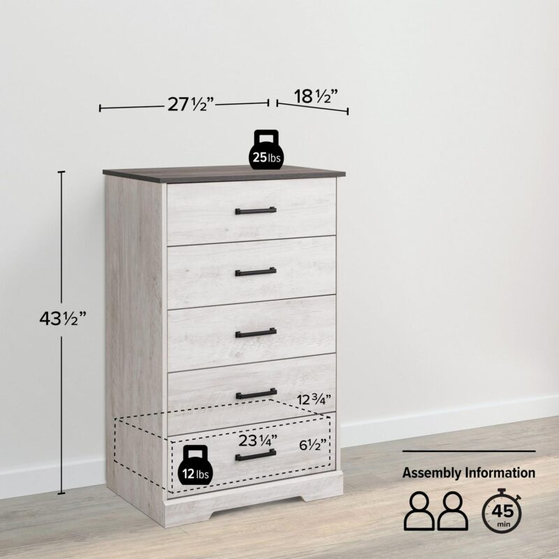 Prepac Rustic Ridge Farmhouse Washed White 5-Drawer Chest of Drawers 18.5 D x 27.5 W x 43.5 H - Image 2